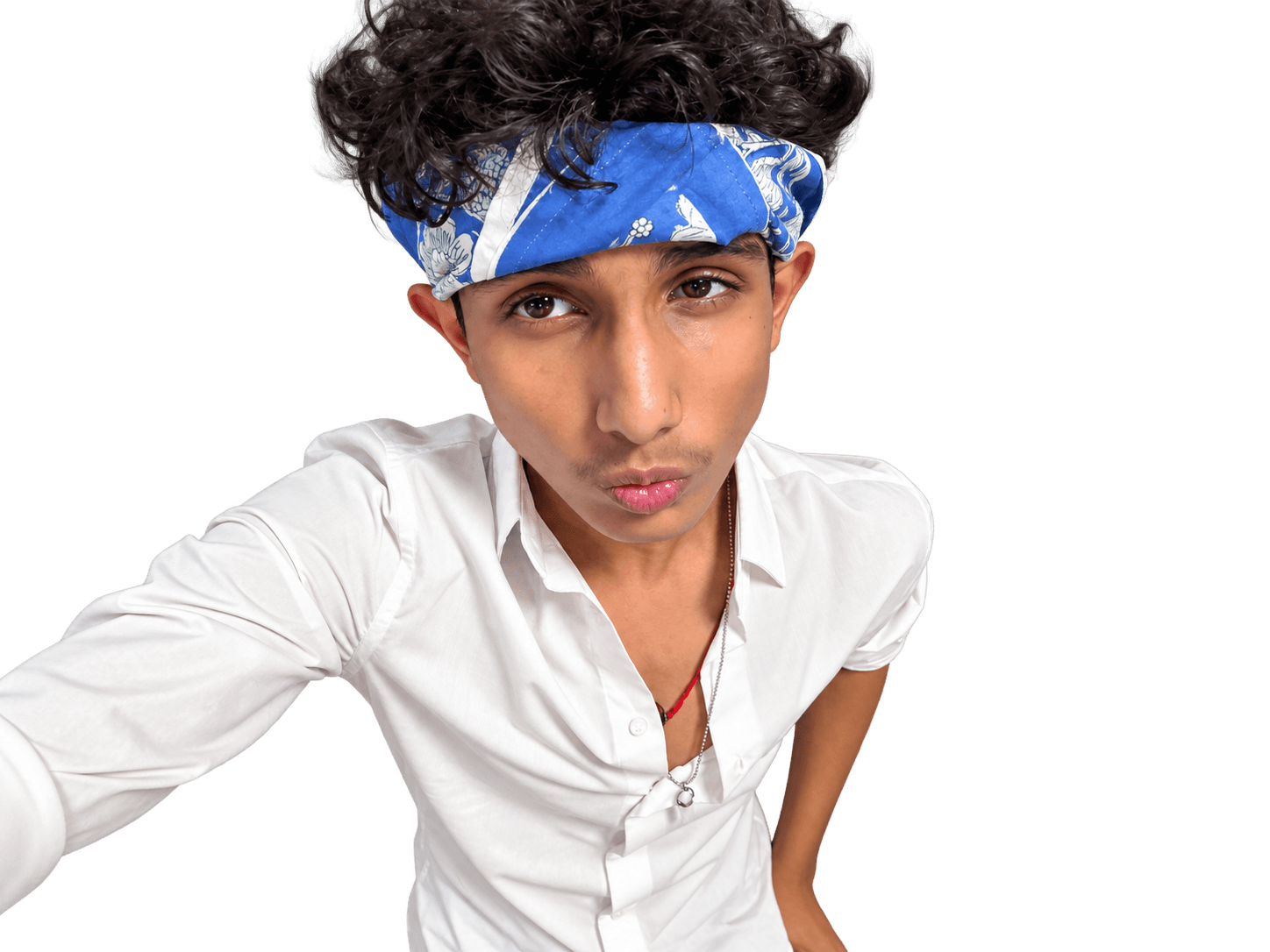 Large dot-print portrait of Praneeth wearing a bandana